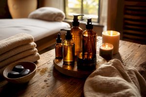 Huiles de massage et bougies sur une table de spa