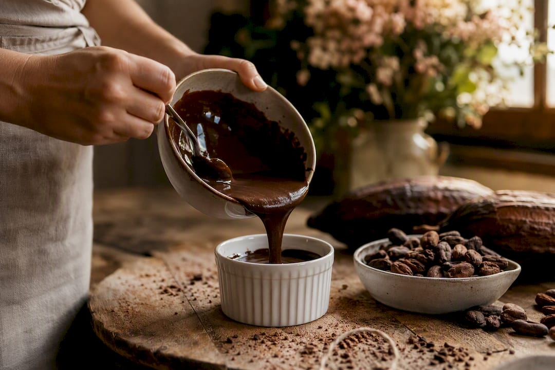 Mains versant du chocolat noir fondu