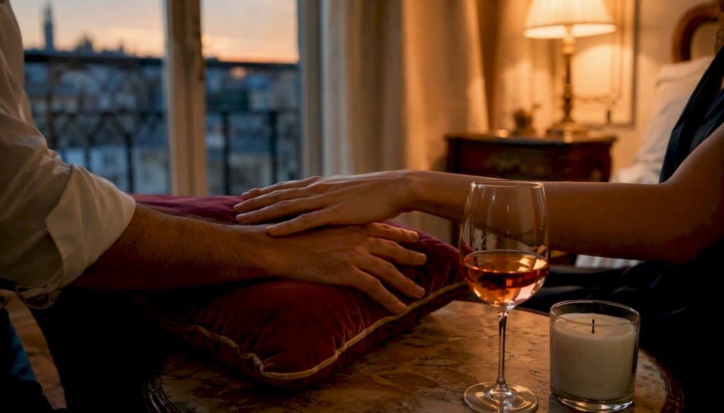 Mains de couple qui se touchent près d'une bougie et d'un verre de vin