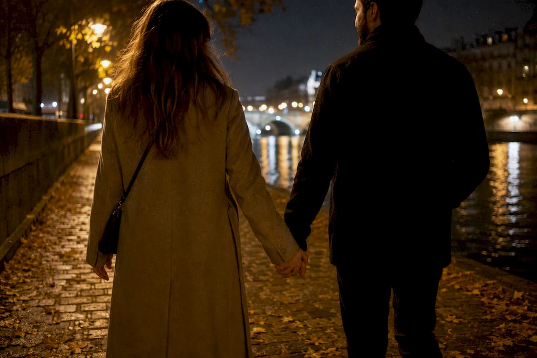 Couple main dans la main marchant le long de la Seine la nuit
