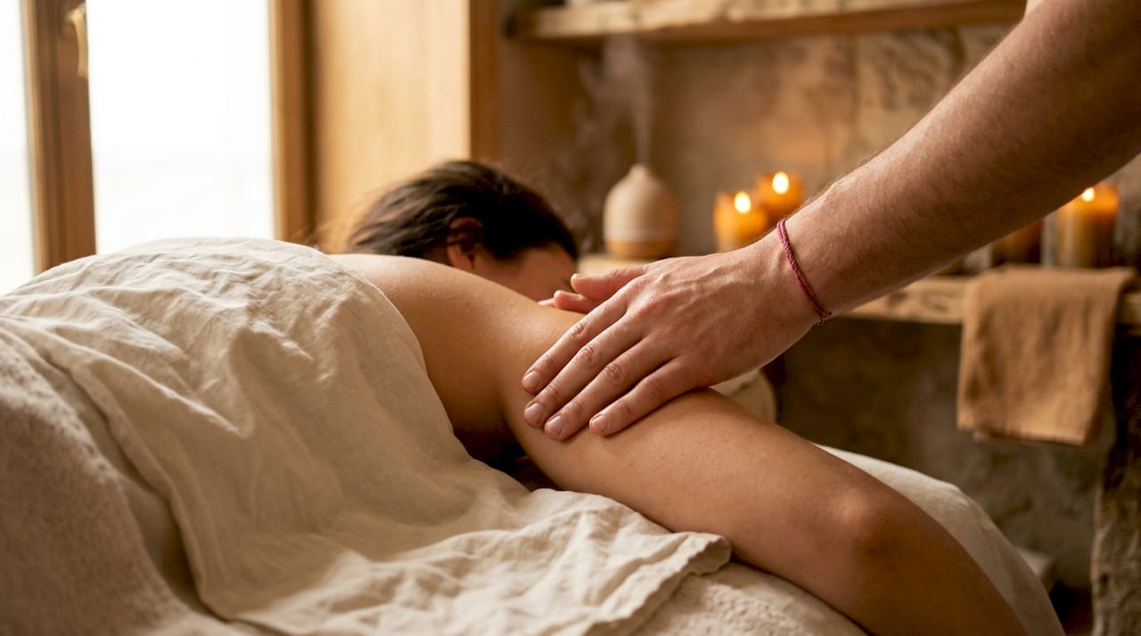 Mains massant une épaule dans une salle de spa chaleureuse