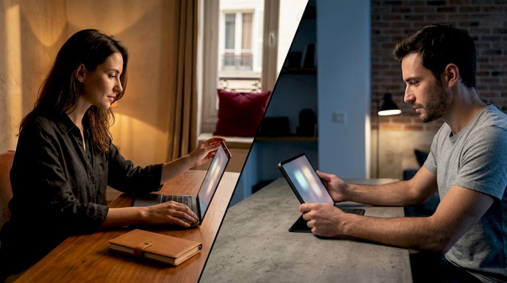 Couple en train de se préparer pour un échange vidéo à distance